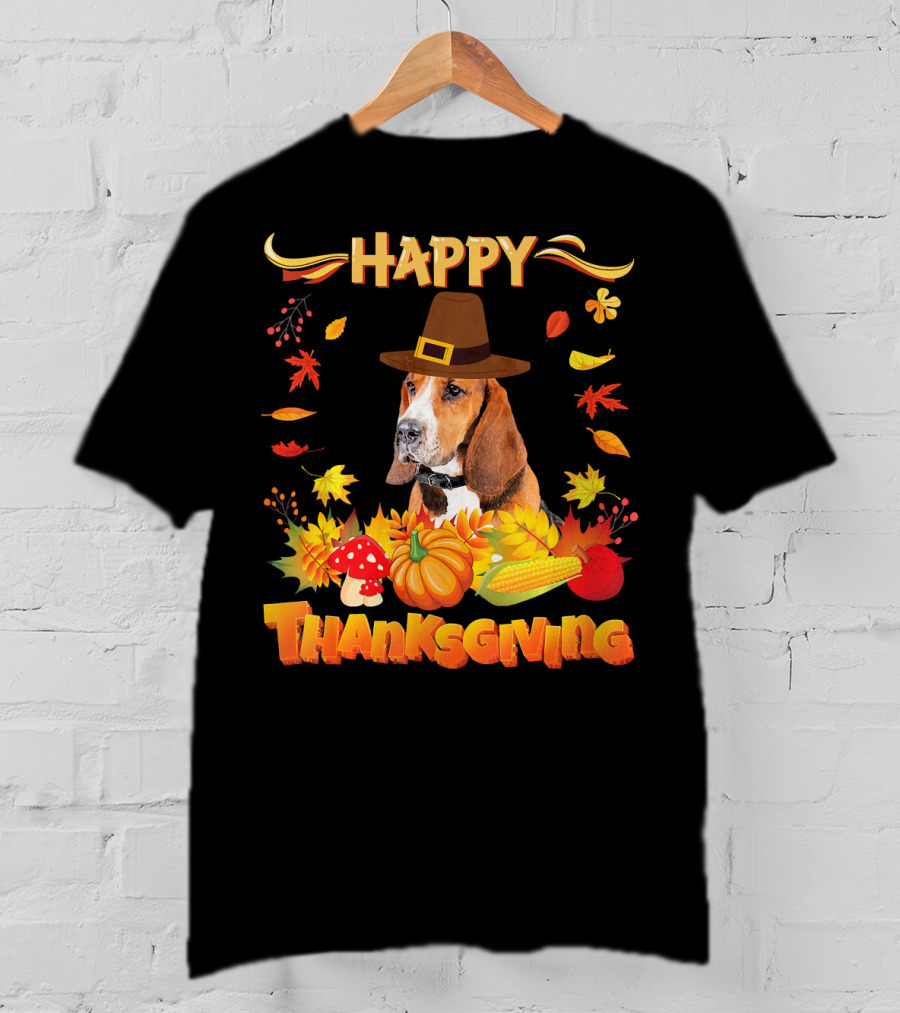 Happy Thanksgiving Basset Hound Dog With Pilgrim Hat And Autumn Harvest Elements T-Shirt