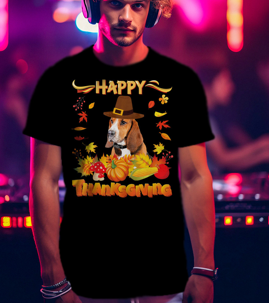 Happy Thanksgiving Basset Hound Dog With Pilgrim Hat And Autumn Harvest Elements T-Shirt