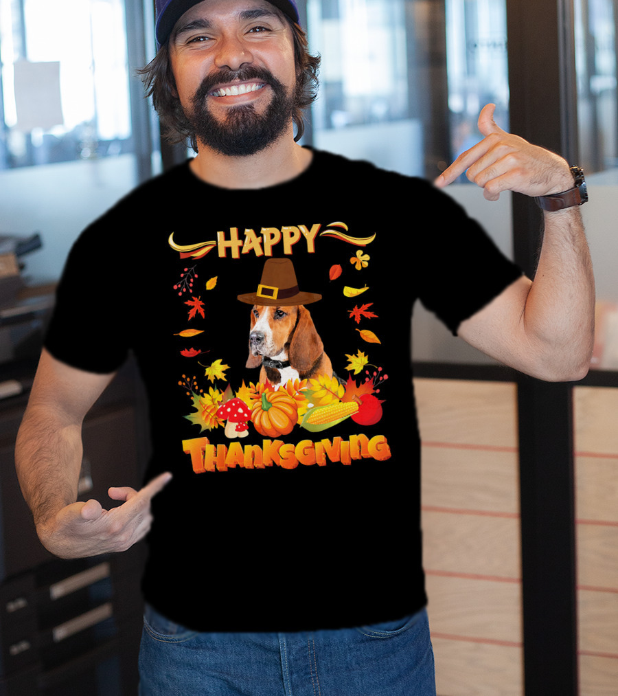 Happy Thanksgiving Basset Hound Dog With Pilgrim Hat And Autumn Harvest Elements T-Shirt