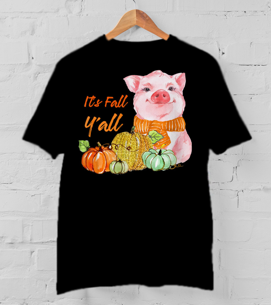 Its Fall Y'all Cute Pig With Leopard Pumpkin Scarf T-Shirt