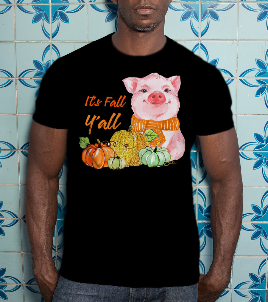 Its Fall Y'all Cute Pig With Leopard Pumpkin Scarf T-Shirt