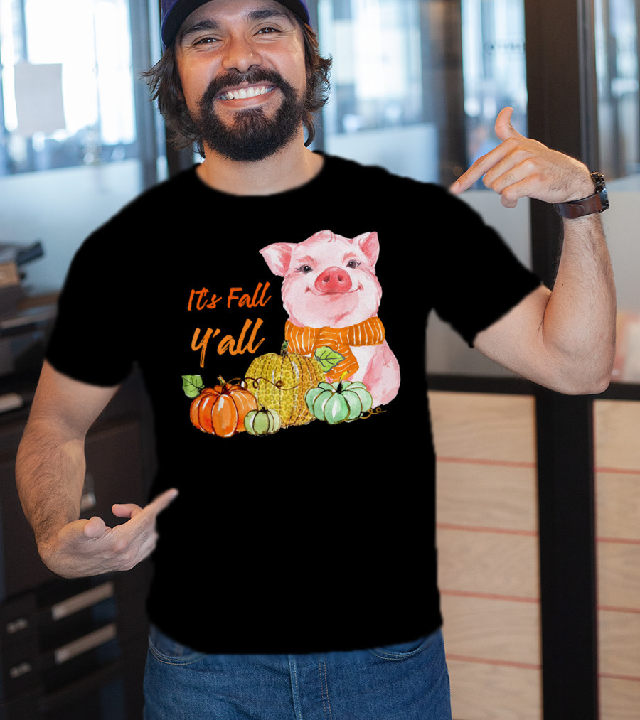 Its Fall Y'all Cute Pig With Leopard Pumpkin Scarf T-Shirt
