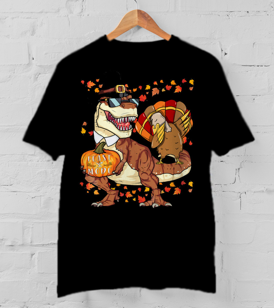 Thanksgiving Feast Mode Dinosaur With Turkey And Autumn Leaves T-Shirt