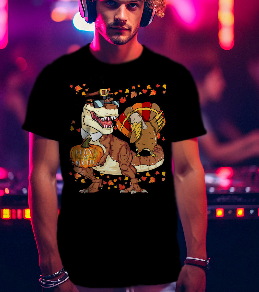 Thanksgiving Feast Mode Dinosaur With Turkey And Autumn Leaves T-Shirt
