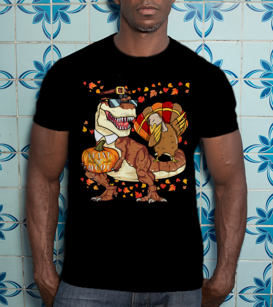 Thanksgiving Feast Mode Dinosaur With Turkey And Autumn Leaves T-Shirt