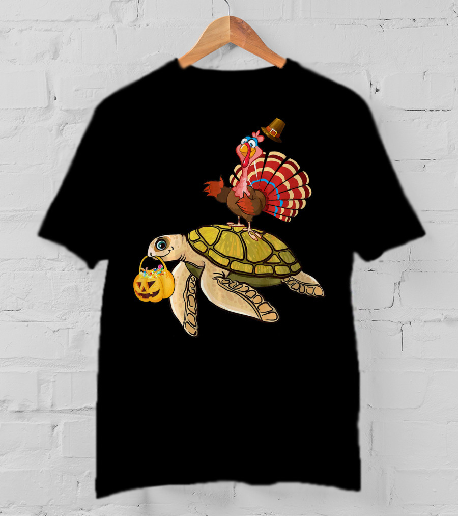 Turkey Riding Turtle Pumpkin Funny Sea Thanksgiving Halloween Fusion T-Shirt