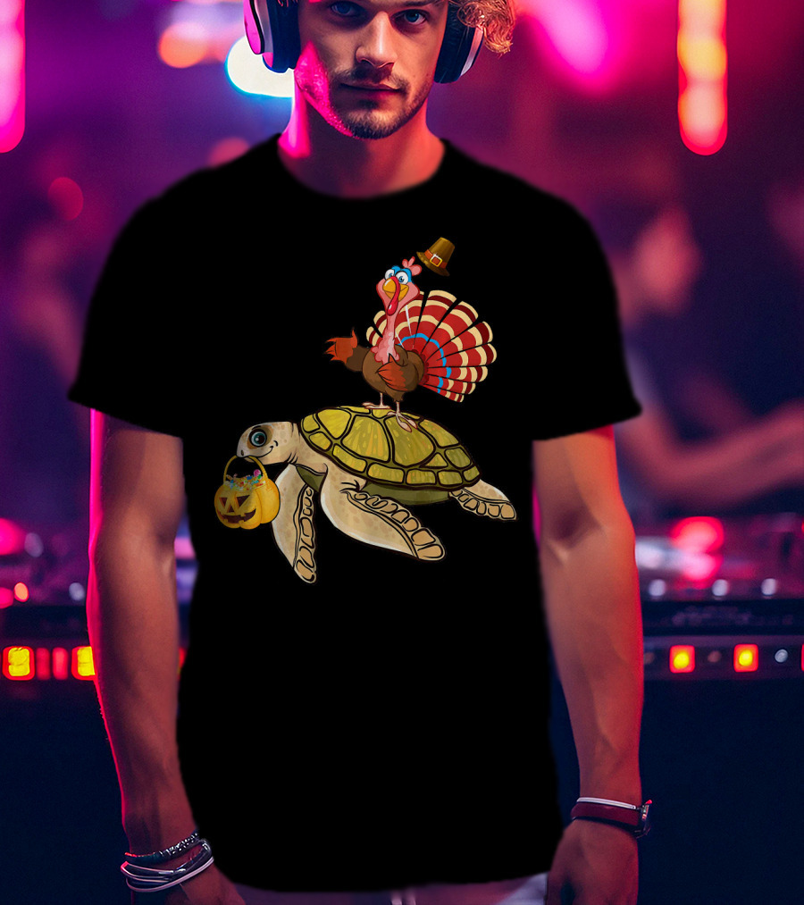 Turkey Riding Turtle Pumpkin Funny Sea Thanksgiving Halloween Fusion T-Shirt