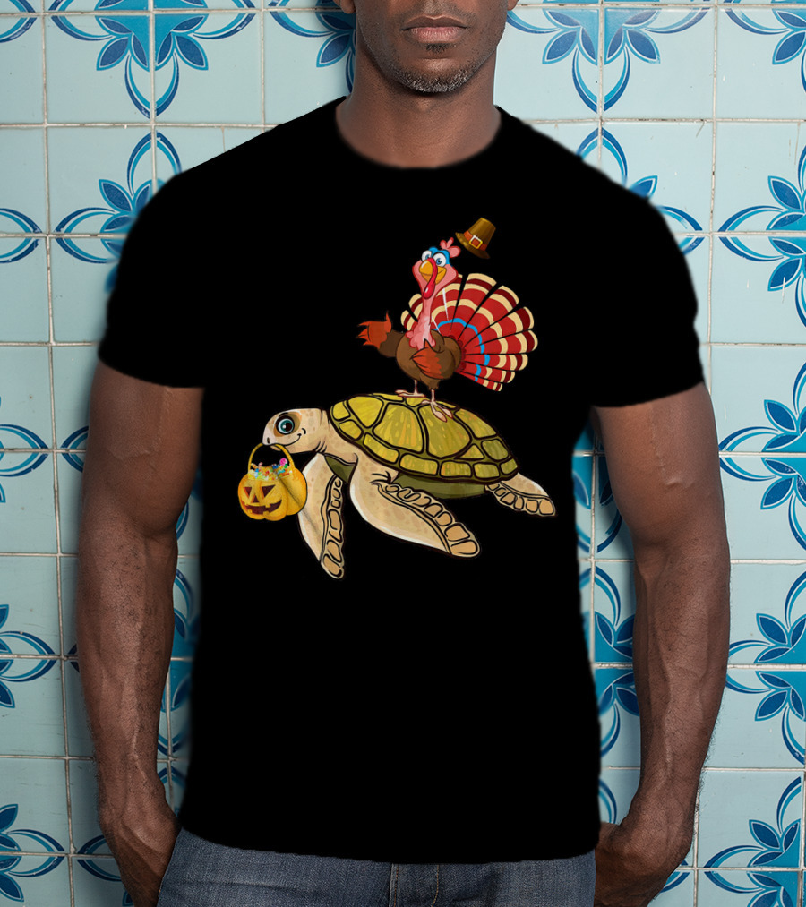 Turkey Riding Turtle Pumpkin Funny Sea Thanksgiving Halloween Fusion T-Shirt