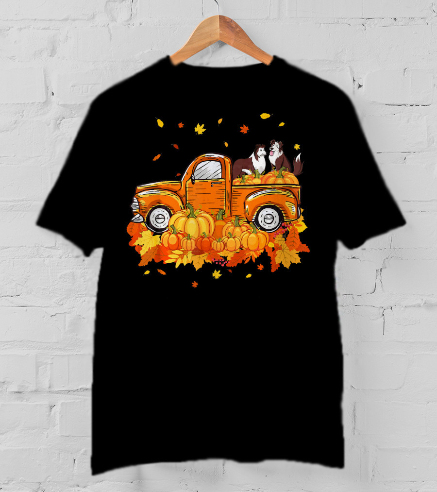 Heeler Pumpkin Truck With Fall Leaves And Pumpkins For Halloween T-Shirt