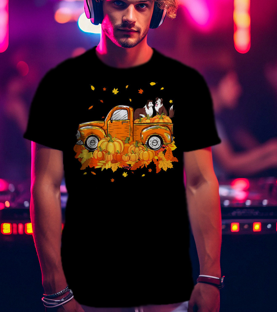Heeler Pumpkin Truck With Fall Leaves And Pumpkins For Halloween T-Shirt