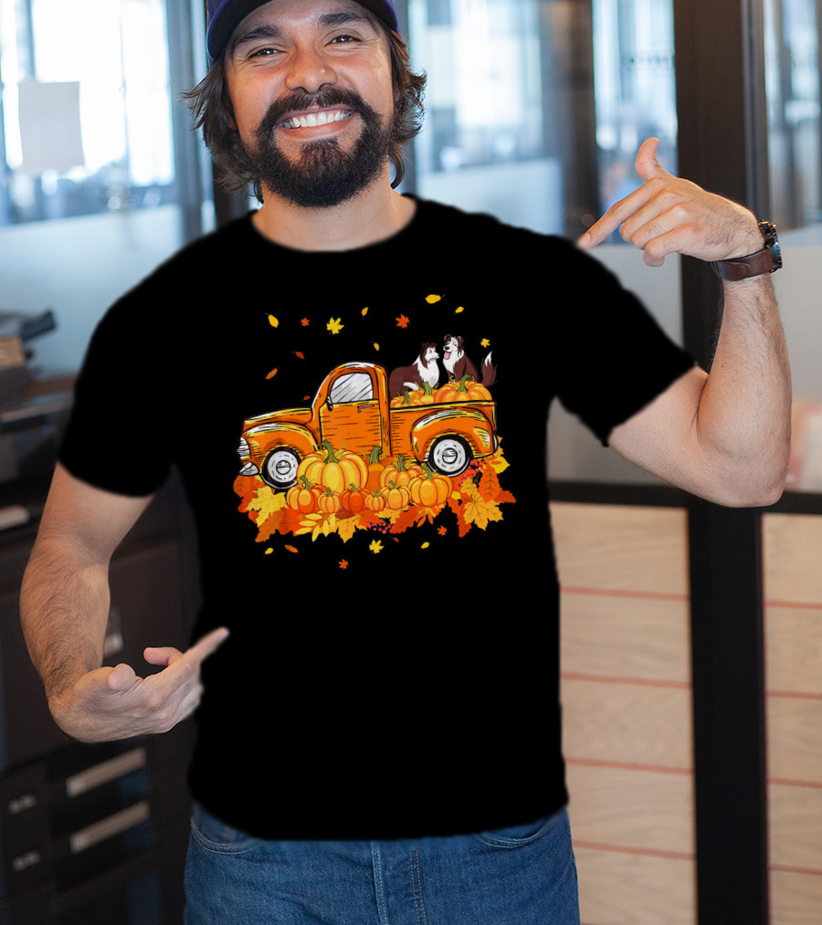 Heeler Pumpkin Truck With Fall Leaves And Pumpkins For Halloween T-Shirt