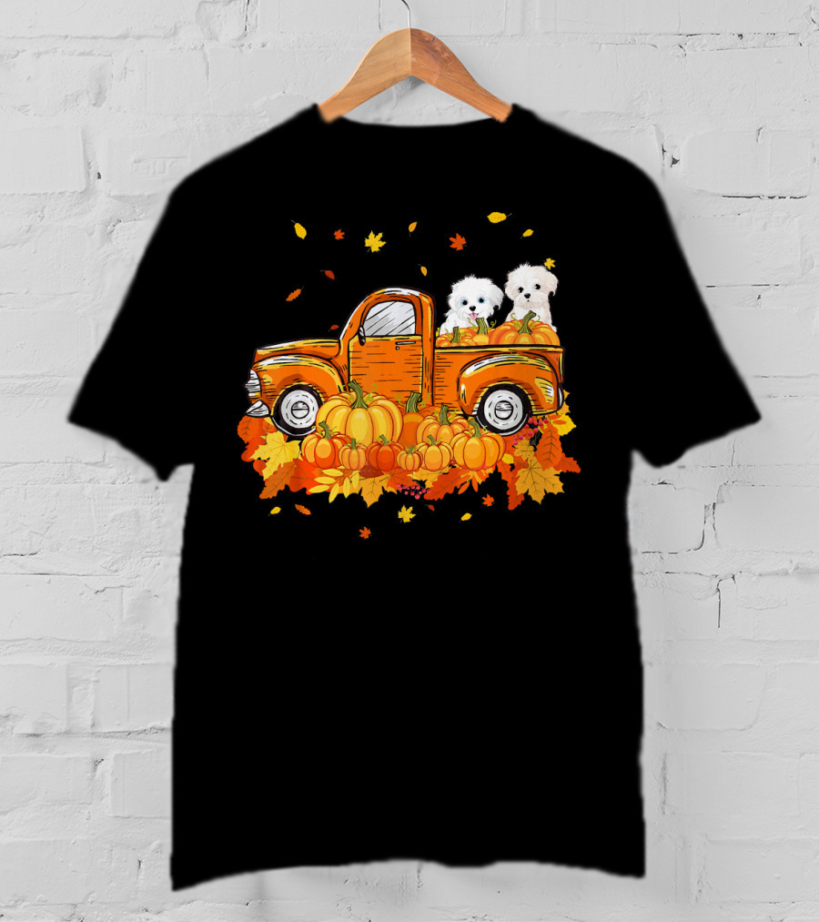 Maltese Dogs Riding Pumpkin Truck For Halloween T-Shirt