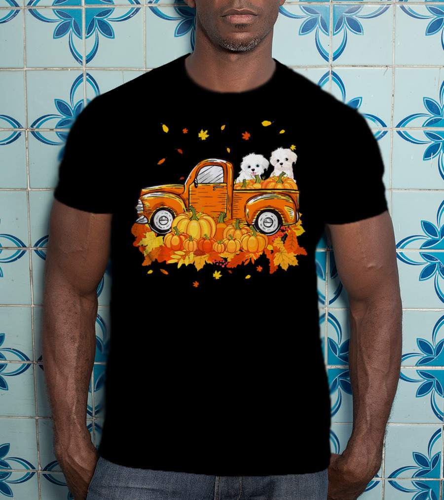 Maltese Dogs Riding Pumpkin Truck For Halloween T-Shirt