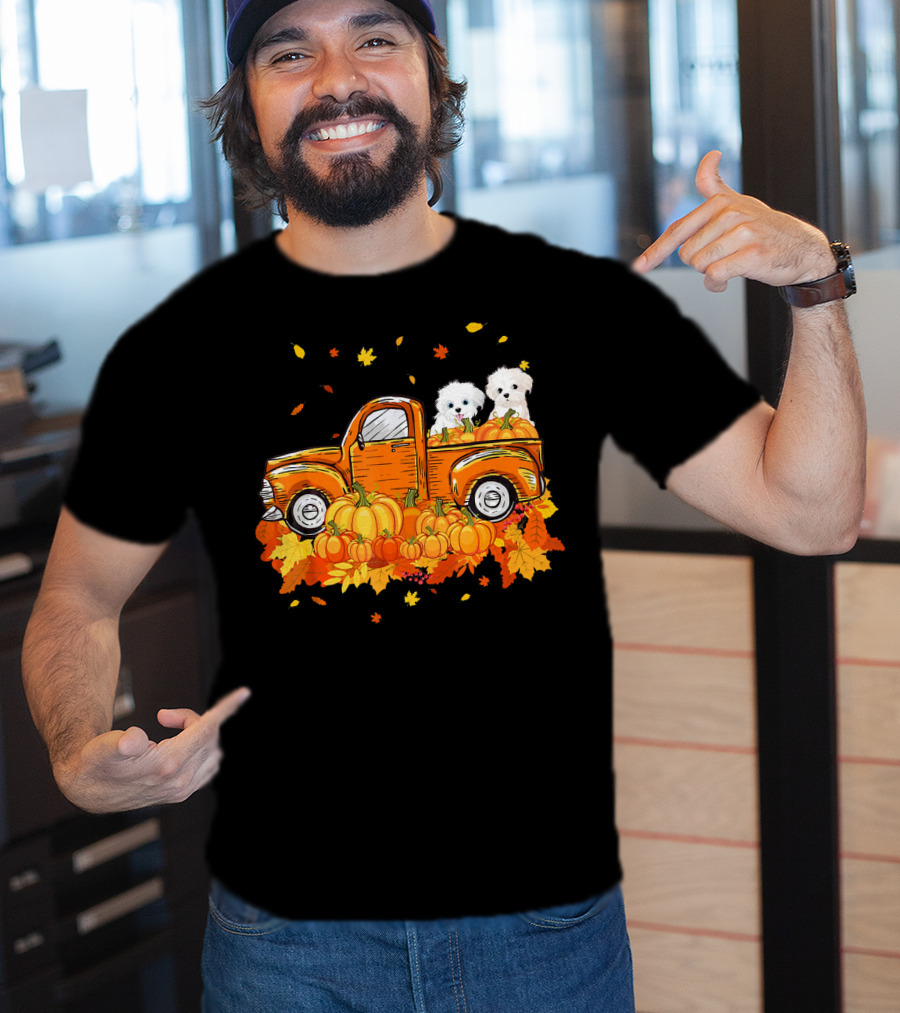 Maltese Dogs Riding Pumpkin Truck For Halloween T-Shirt