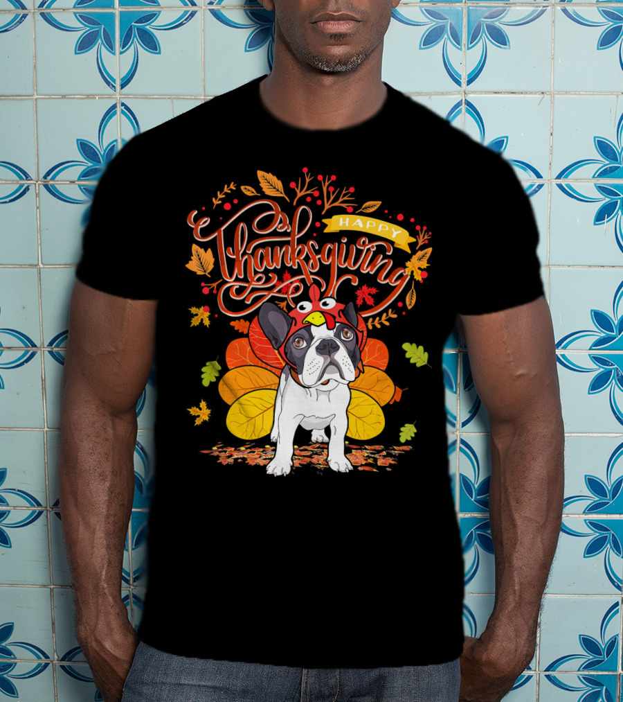 Happy Thanksgiving French Bulldog With Turkey Hat And Fall Leaves T-Shirt