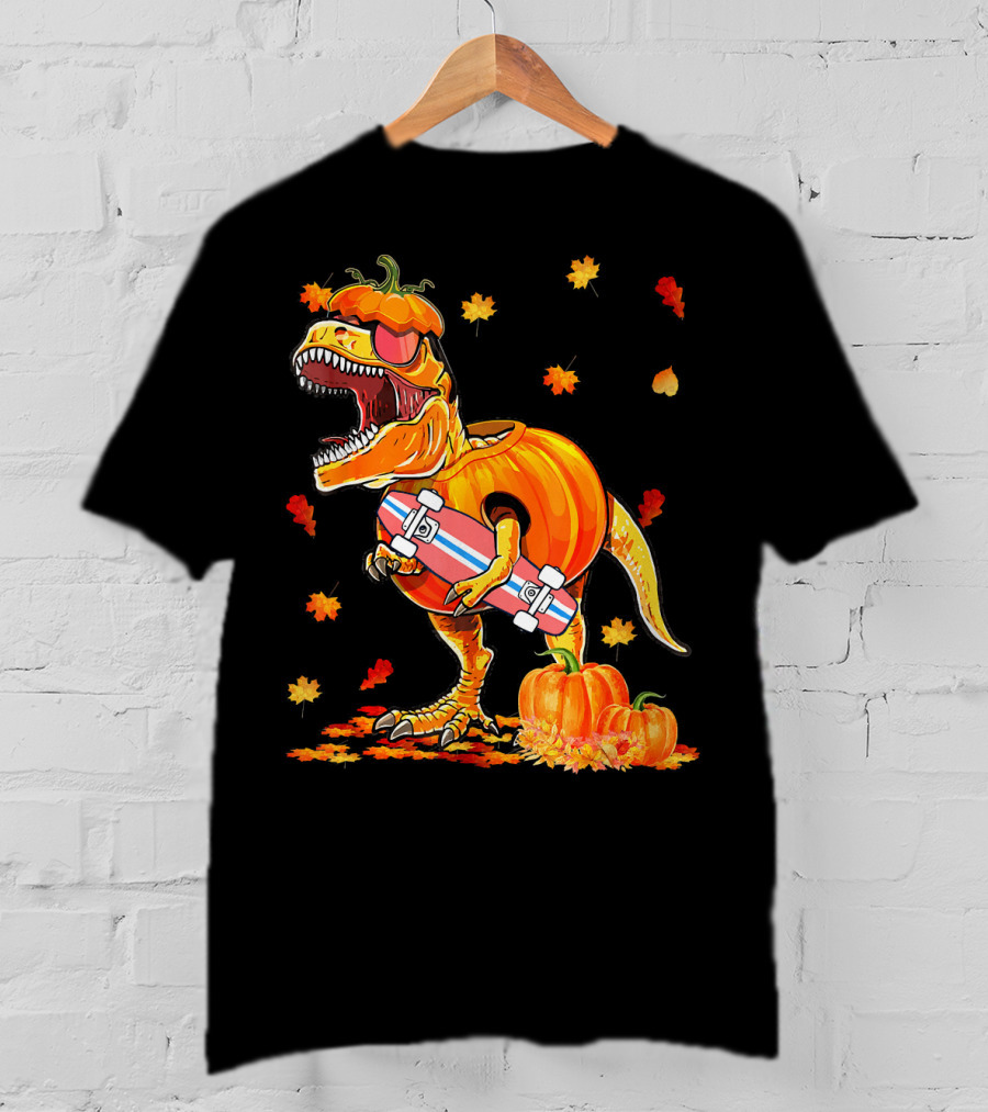 Dinosaur Pumpkin Skateboard Autumn Leaves Hall T-Shirt