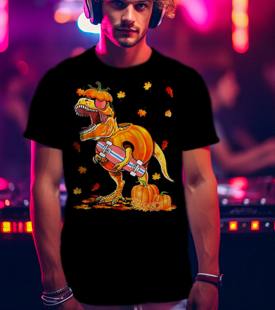 Dinosaur Pumpkin Skateboard Autumn Leaves Hall T-Shirt