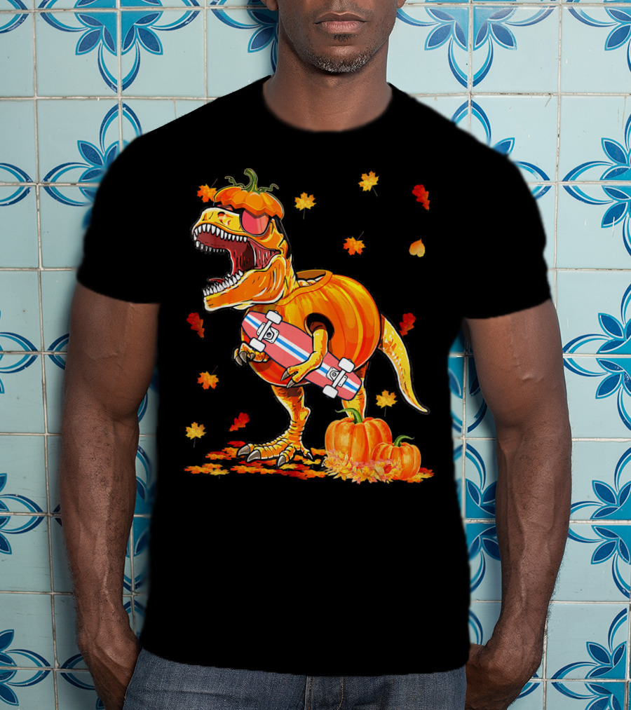 Dinosaur Pumpkin Skateboard Autumn Leaves Hall T-Shirt
