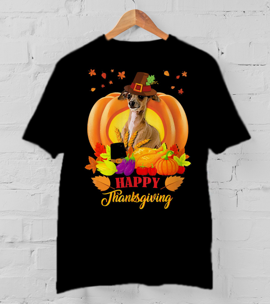 Italian Greyhound Happy Thanksgiving Pilgrim Hat Pumpkin Leaves T-Shirt