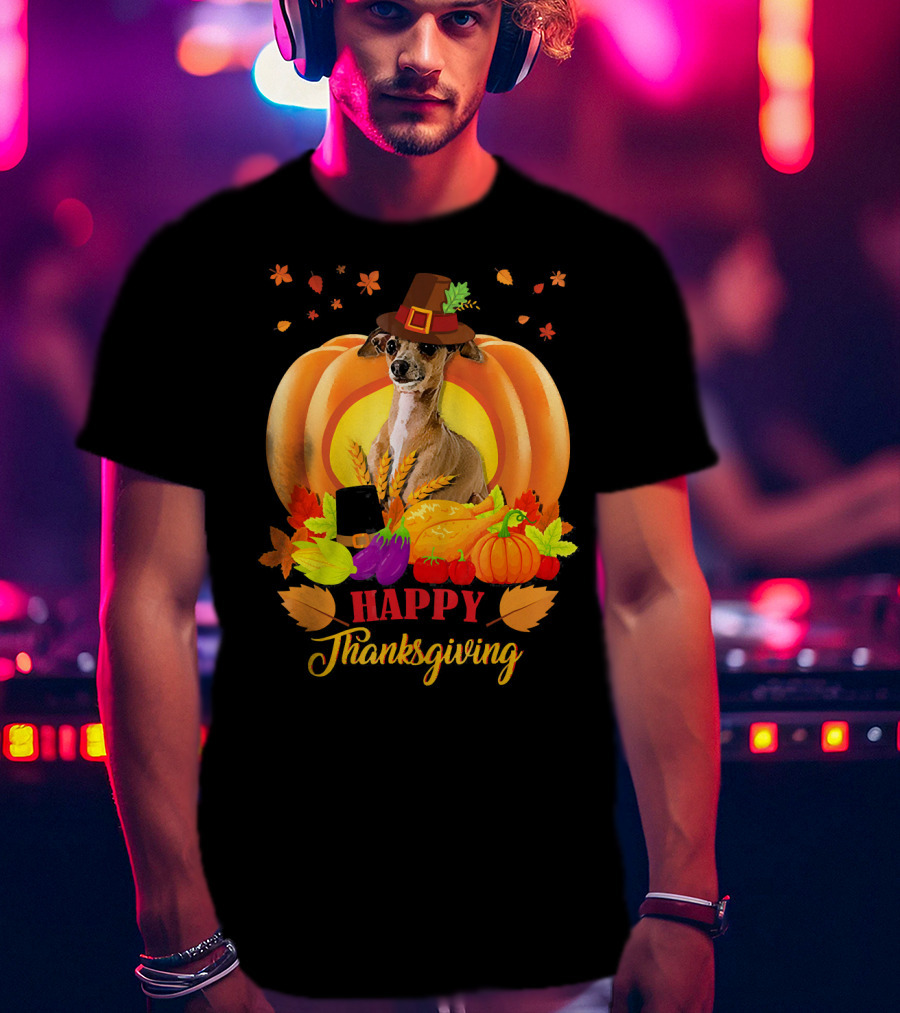 Italian Greyhound Happy Thanksgiving Pilgrim Hat Pumpkin Leaves T-Shirt