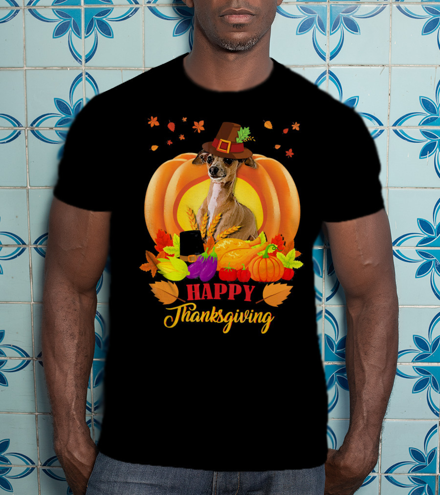 Italian Greyhound Happy Thanksgiving Pilgrim Hat Pumpkin Leaves T-Shirt