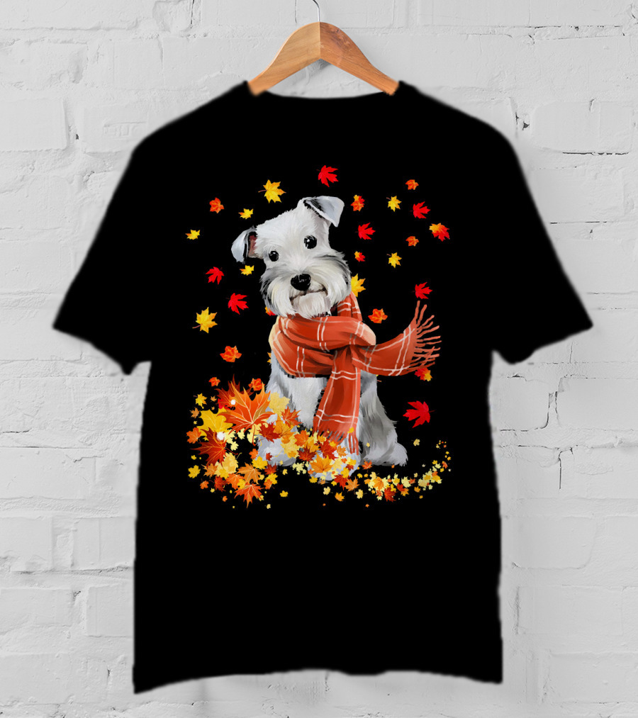 Cute Schnauzer Dog Autumn Leaves And Cozy Scarf T-Shirt