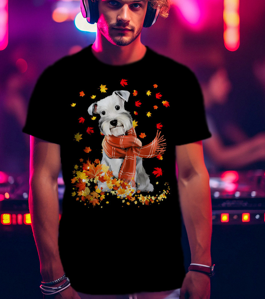 Cute Schnauzer Dog Autumn Leaves And Cozy Scarf T-Shirt