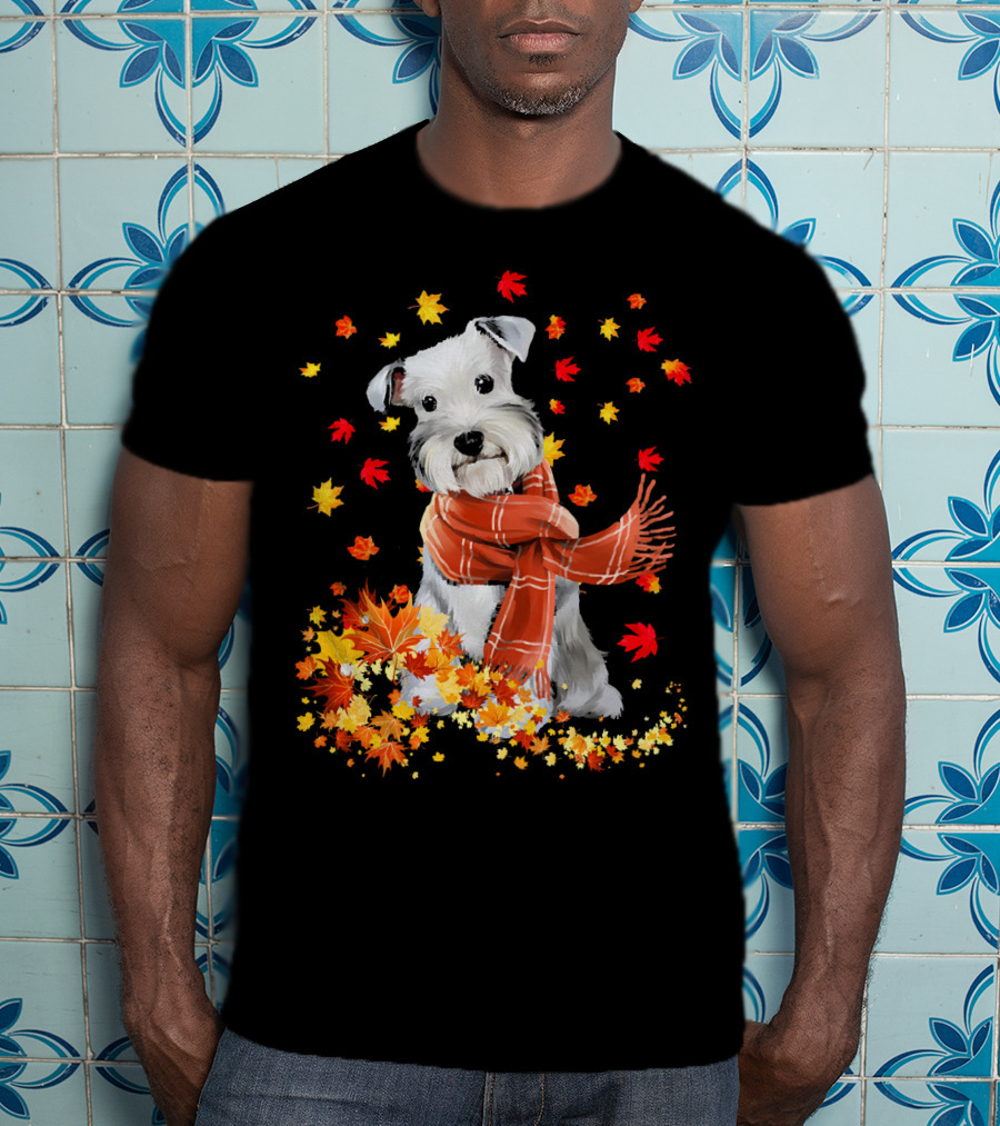 Cute Schnauzer Dog Autumn Leaves And Cozy Scarf T-Shirt