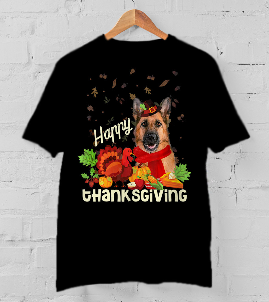 Happy Thanksgiving Pilgrim German Shepherd With Turkey And Fall Leaves T-Shirt