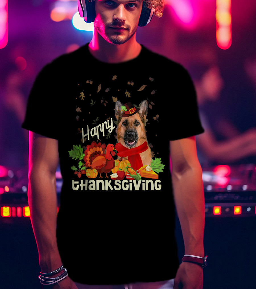 Happy Thanksgiving Pilgrim German Shepherd With Turkey And Fall Leaves T-Shirt