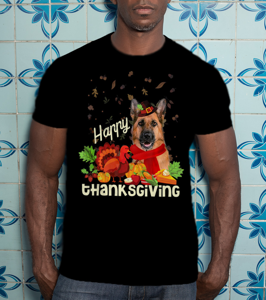Happy Thanksgiving Pilgrim German Shepherd With Turkey And Fall Leaves T-Shirt