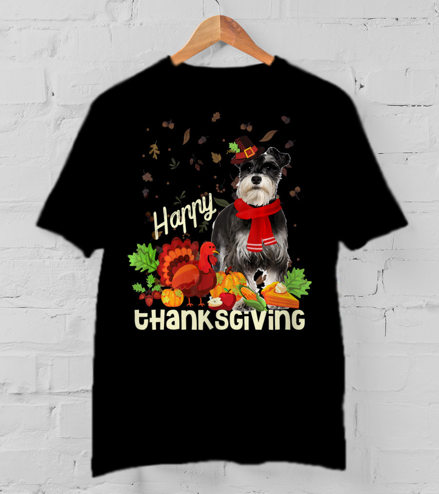 Happy Thanksgiving Pilgrim Miniature Schnauzer Turkey Pumpkin Pie Autumn Leaves T-Shirt