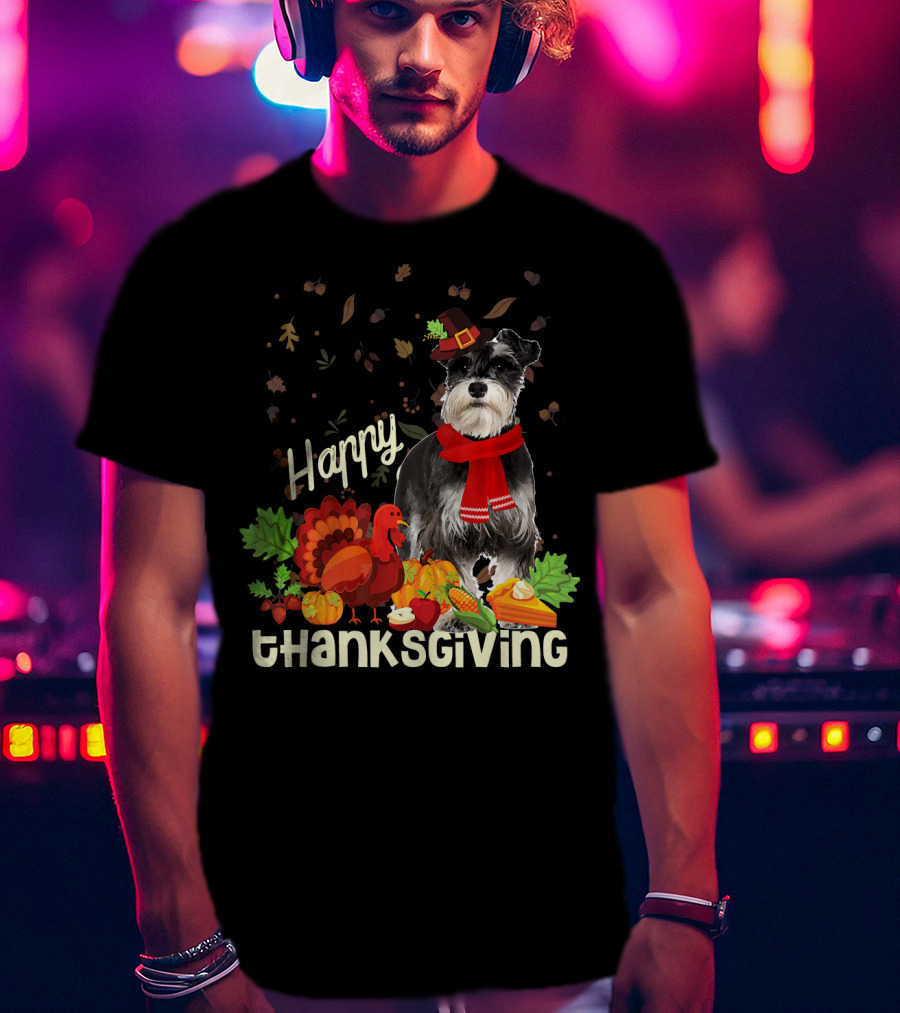 Happy Thanksgiving Pilgrim Miniature Schnauzer Turkey Pumpkin Pie Autumn Leaves T-Shirt