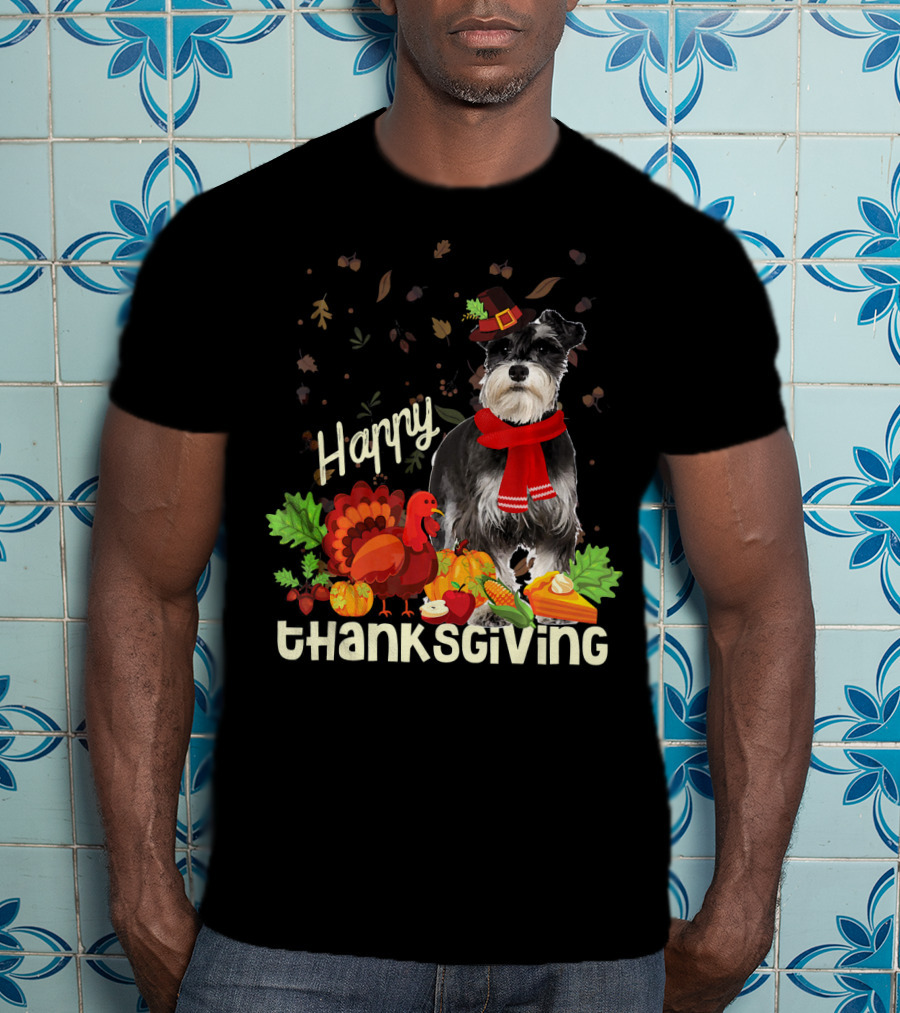 Happy Thanksgiving Pilgrim Miniature Schnauzer Turkey Pumpkin Pie Autumn Leaves T-Shirt