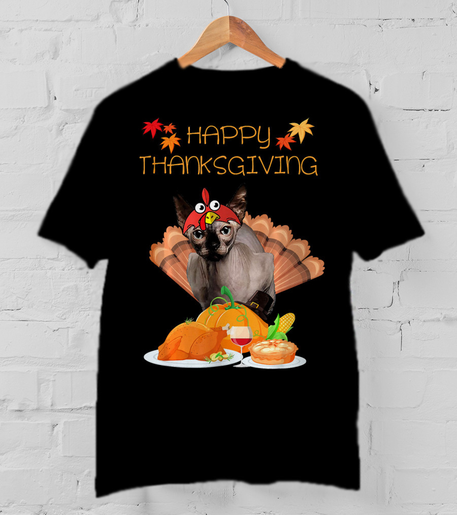 Happy Thanksgiving Sphynx Cat Turkey Feast T-Shirt