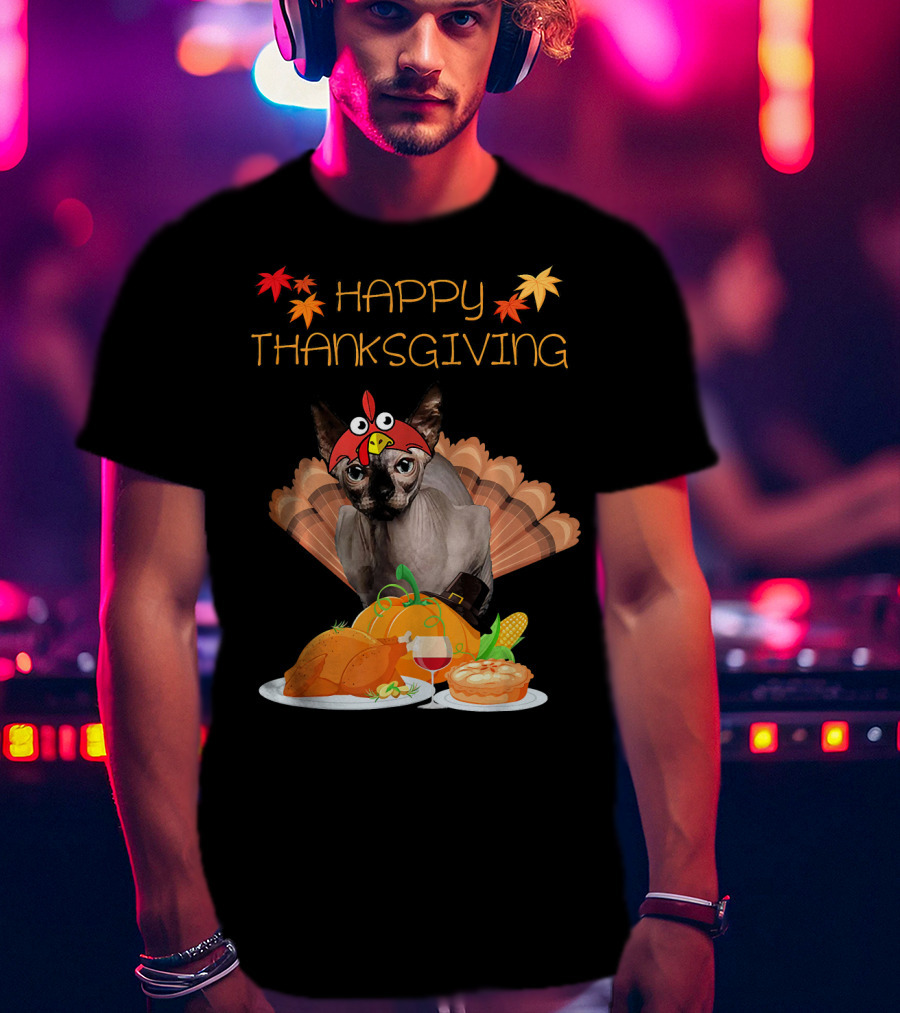 Happy Thanksgiving Sphynx Cat Turkey Feast T-Shirt