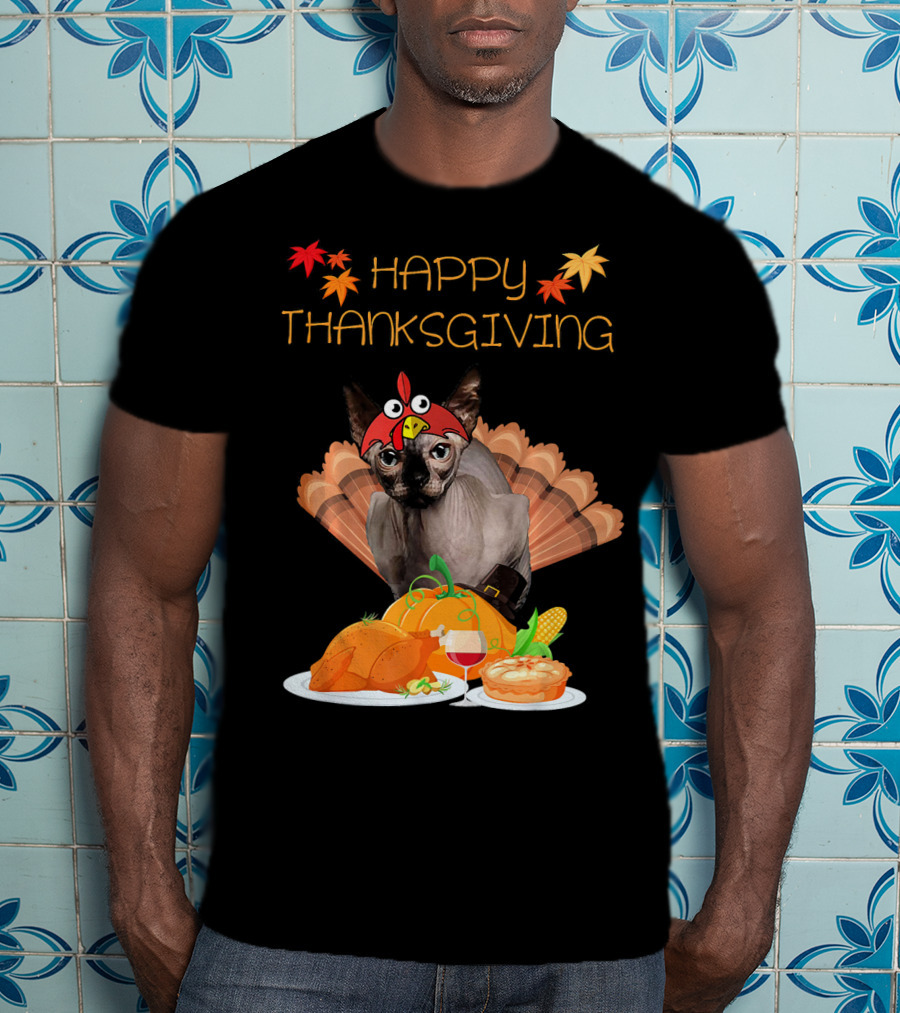 Happy Thanksgiving Sphynx Cat Turkey Feast T-Shirt