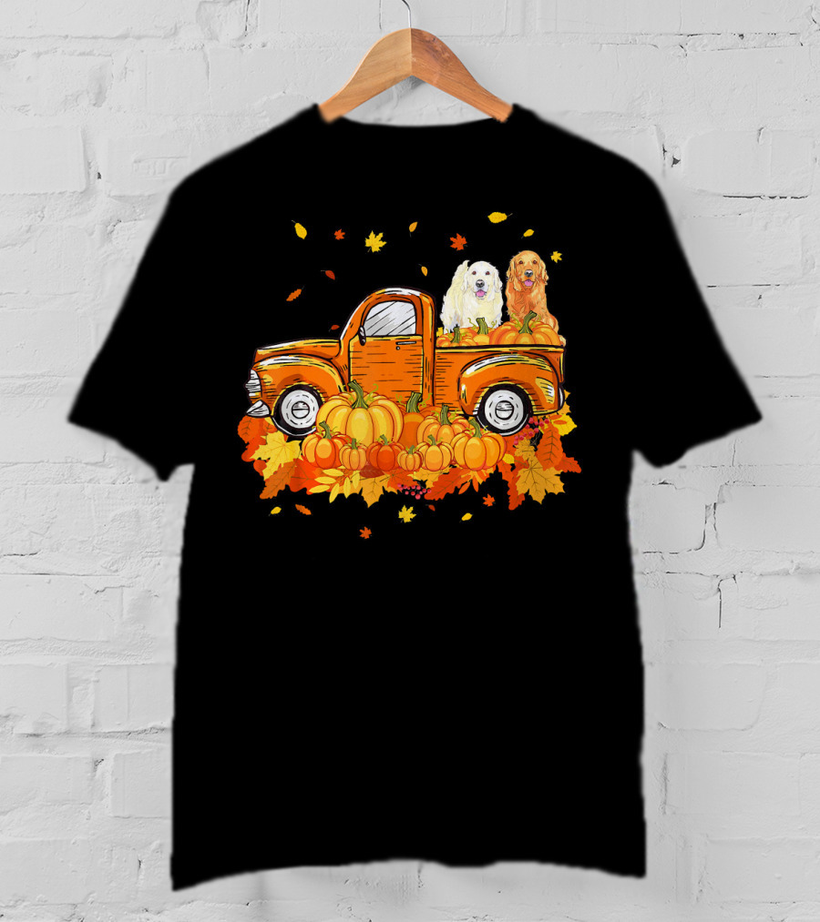 Golden Retriever Puppies In Vintage Pumpkin Truck With Autumn Leaves T-Shirt