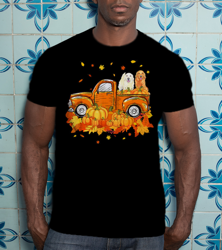 Golden Retriever Puppies In Vintage Pumpkin Truck With Autumn Leaves T-Shirt