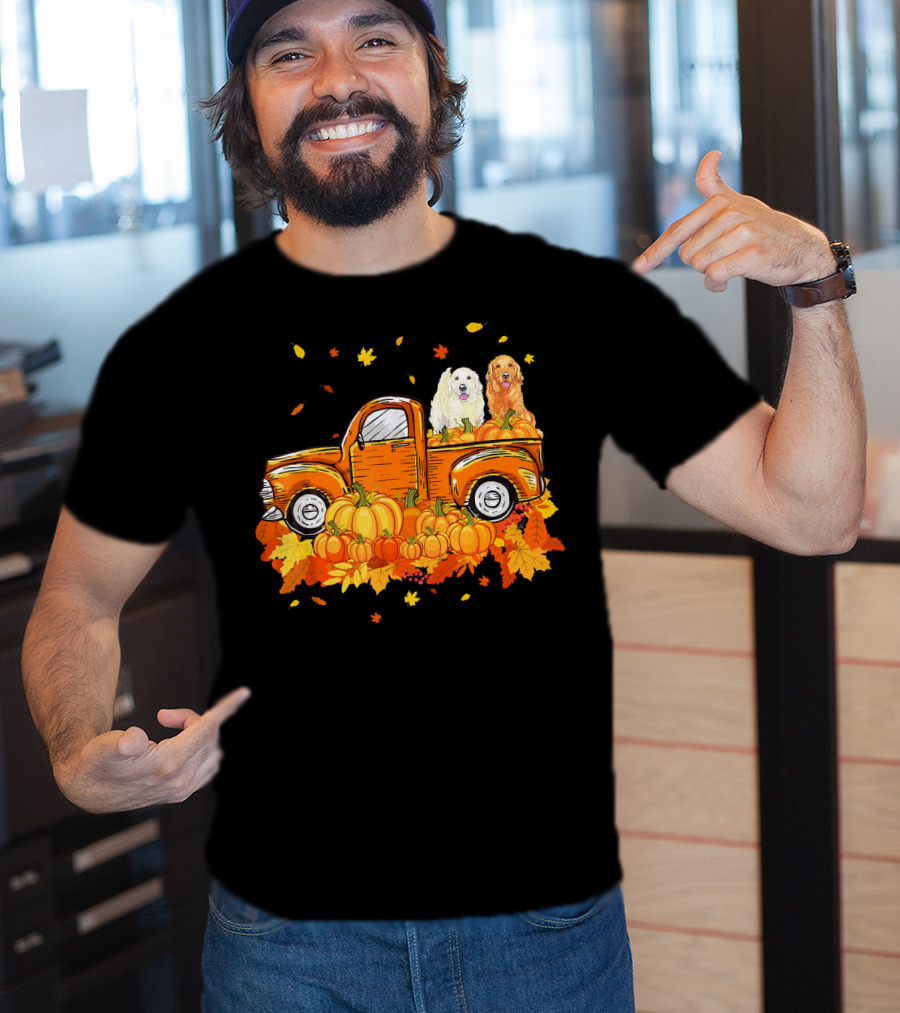 Golden Retriever Puppies In Vintage Pumpkin Truck With Autumn Leaves T-Shirt