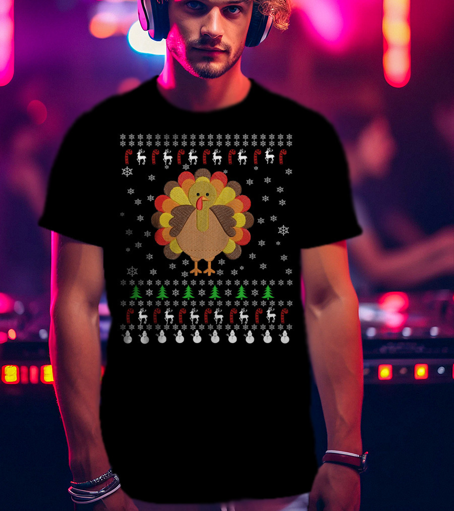 Thanksgiving Turkey With Snowflakes Reindeer Trees And Candy Canes T-Shirt