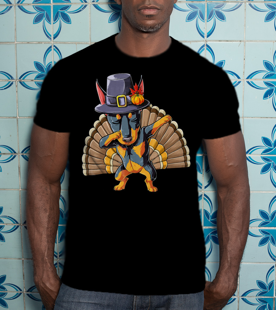Thanksgiving Pilgrim Hat Dabbing Dog With Turkey Feathers T-Shirt