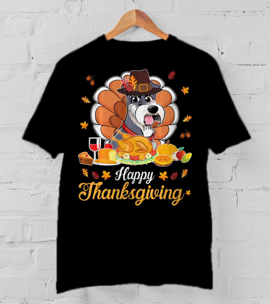 Happy Thanksgiving Schnauzer Pilgrim Turkey Feast Wine T-Shirt