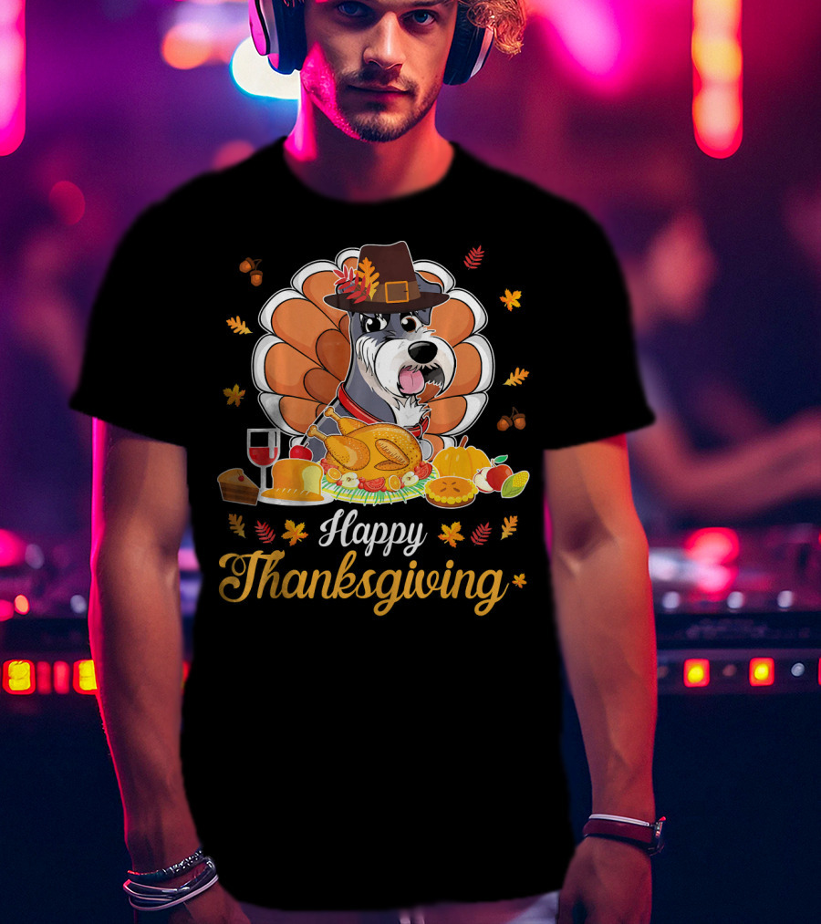Happy Thanksgiving Schnauzer Pilgrim Turkey Feast Wine T-Shirt