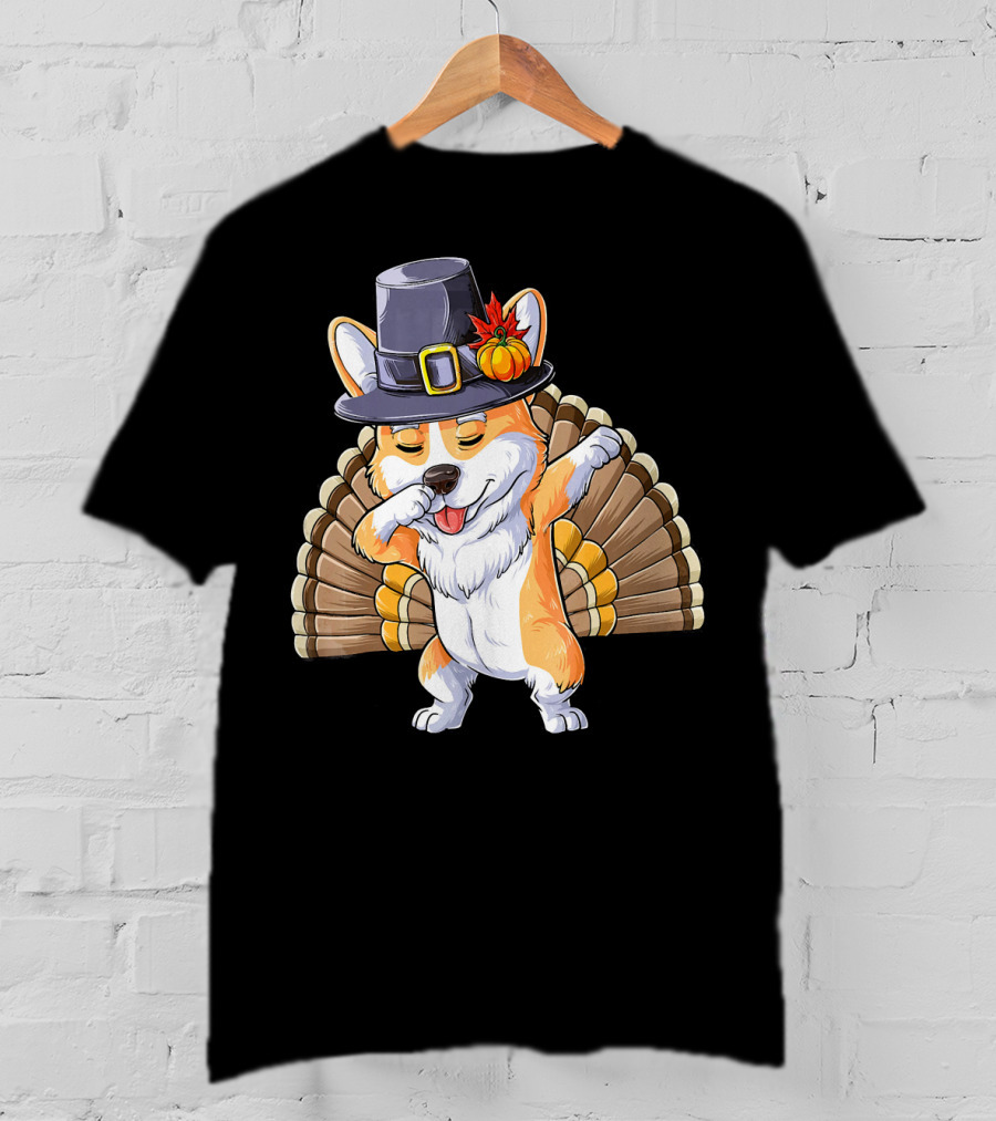 Thanksgiving Dabbing Corgi Pilgrim Hat Turkey Tail T-Shirt