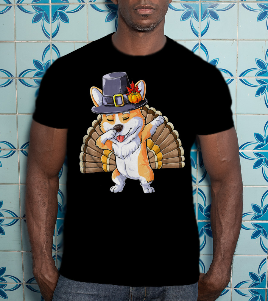 Thanksgiving Dabbing Corgi Pilgrim Hat Turkey Tail T-Shirt