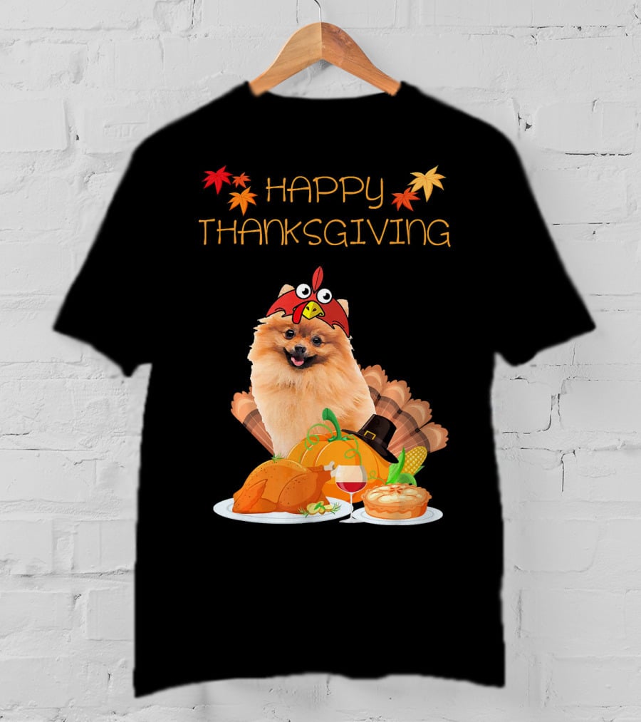 Happy Thanksgiving Day Pomeranian Turkey Pumpkin Pie T-Shirt