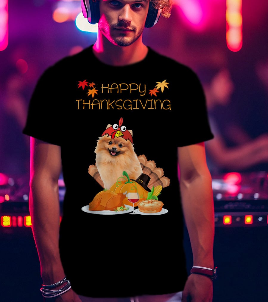 Happy Thanksgiving Day Pomeranian Turkey Pumpkin Pie T-Shirt