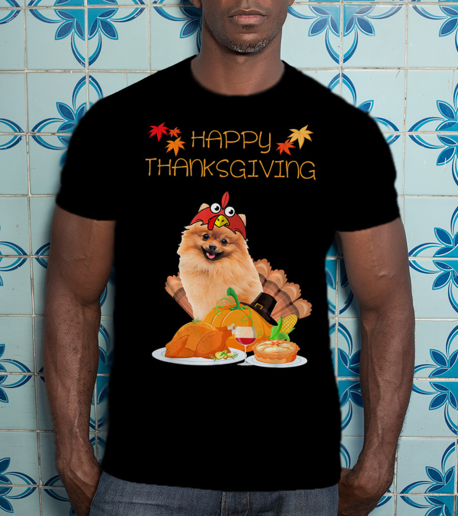 Happy Thanksgiving Day Pomeranian Turkey Pumpkin Pie T-Shirt
