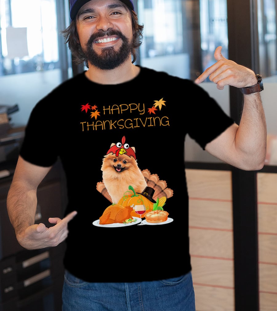 Happy Thanksgiving Day Pomeranian Turkey Pumpkin Pie T-Shirt